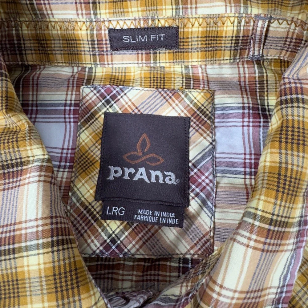 Prana Button Down Shirt Mens‎ Large Yellow Plaid Slim Fit Recycled Polyester
